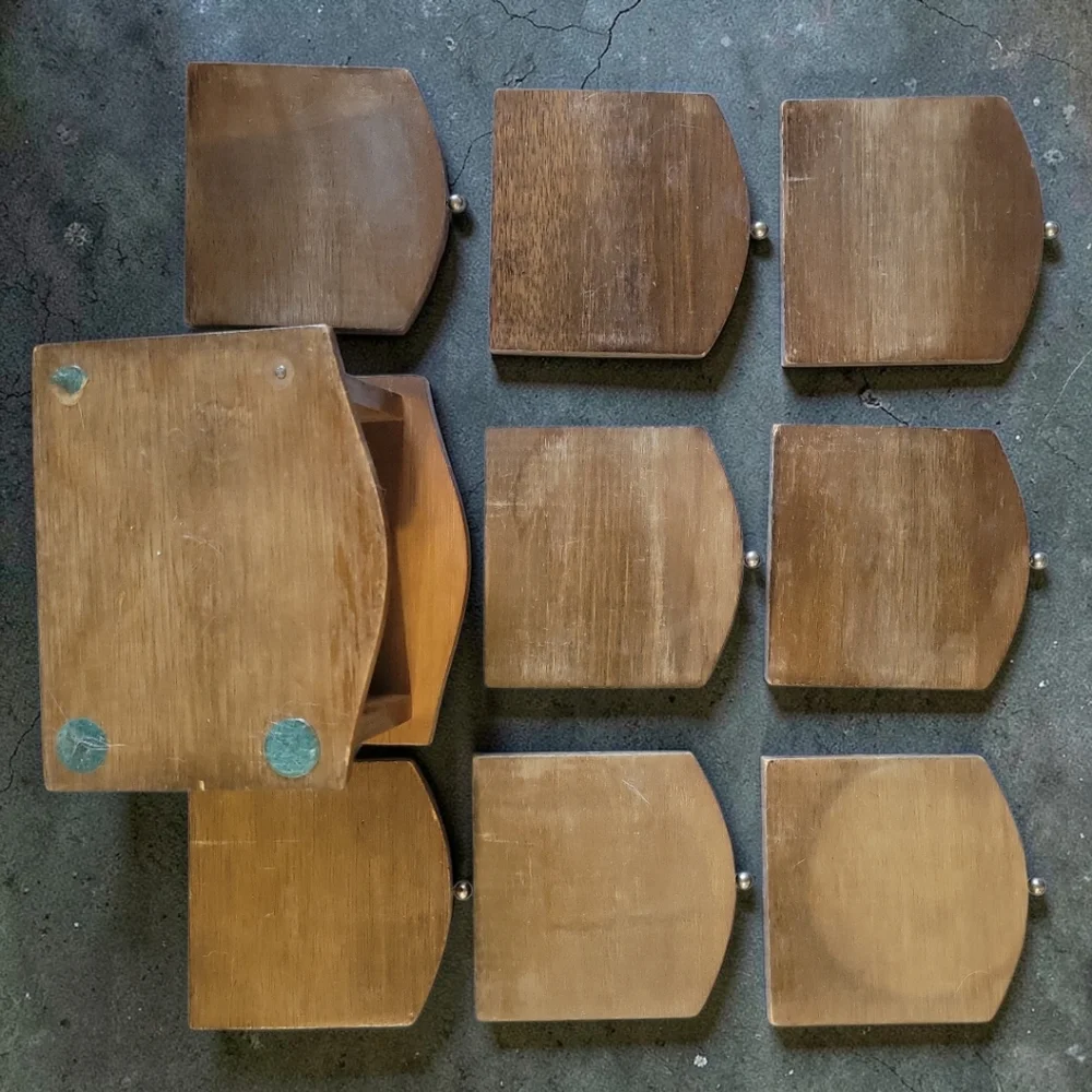 Vtg 8 Catalina Wood Cork Coasters Brass Knobs